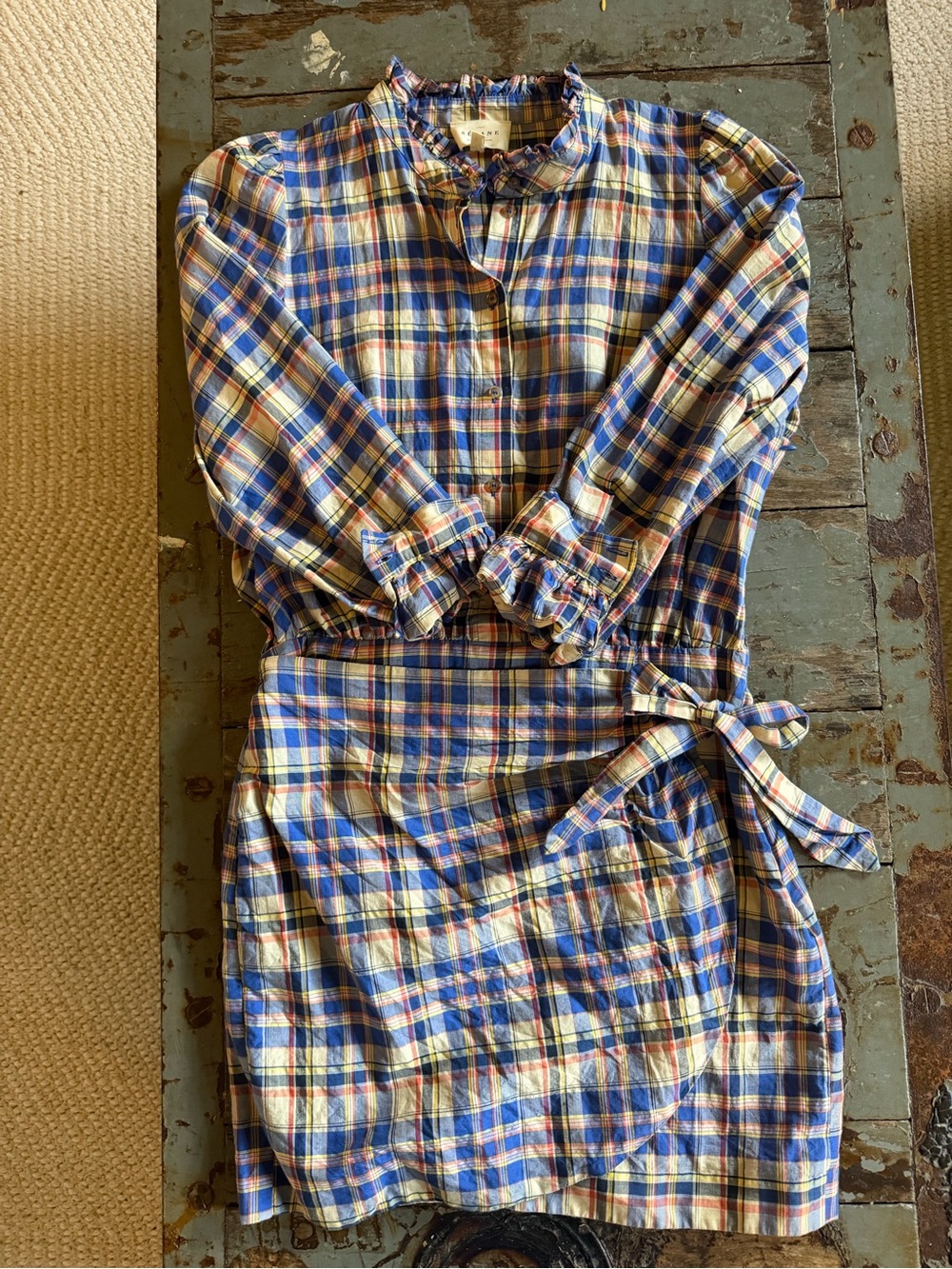 Sezane Telma Mini Dress Blue & Ochre Tartan with Ruffle Collar